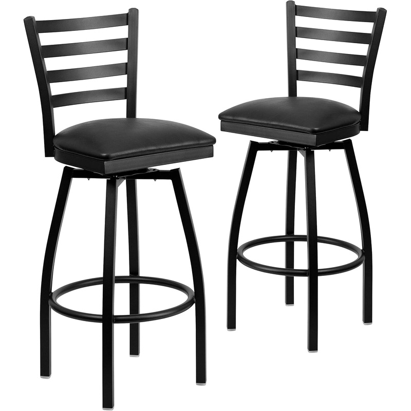 2 Pack HERCULES Series Black Ladder Back Swivel Metal Barstool – Black Vinyl Seat Black Vinyl Seat/Black Metal Frame Set Of 2