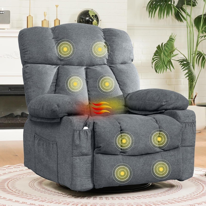 XRC3 Rocker Recliner Chair for Adults W/Massage & Heat, 360 Swivel Recliner Chair W/Cup Holders, USB Port, Manual Glider Rocking Chair for Living Room Nusery, Gray Grey Manual Recliner