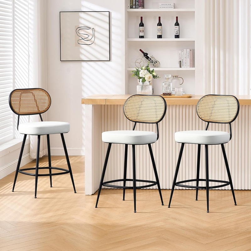 Stylish Rattan Back Bar Stools Set of Three Beige