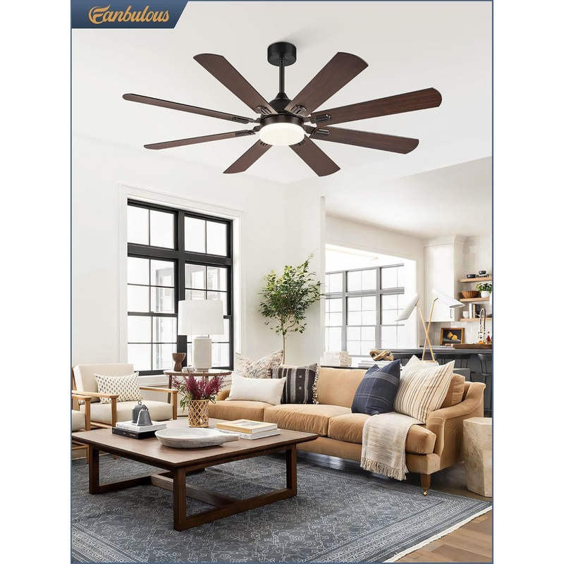 62 Inch Ceiling Fans with Lights, Black Modern Ceiling Fan with Remote,Large Farmhouse Indoor & Outdoor Ceiling Fan with 8 Dual Finish Blades, Quiet DC Motor, Bright LED Light Black