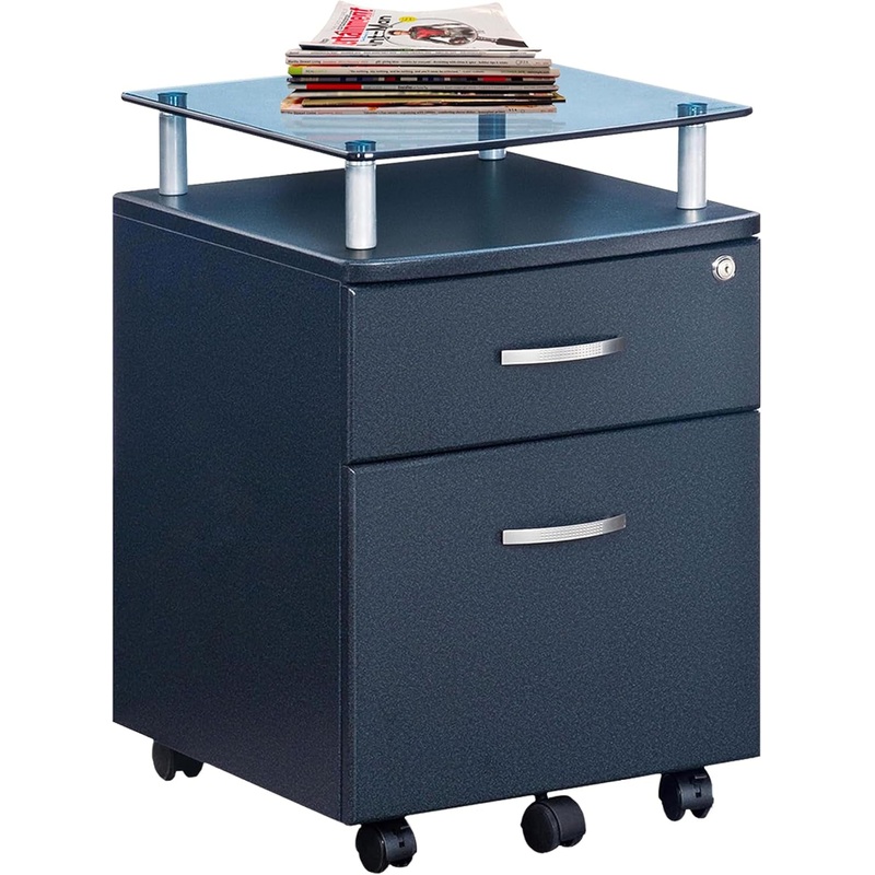 Rolling File Cabinet with Glass Top, Graphite Graphite Regular
