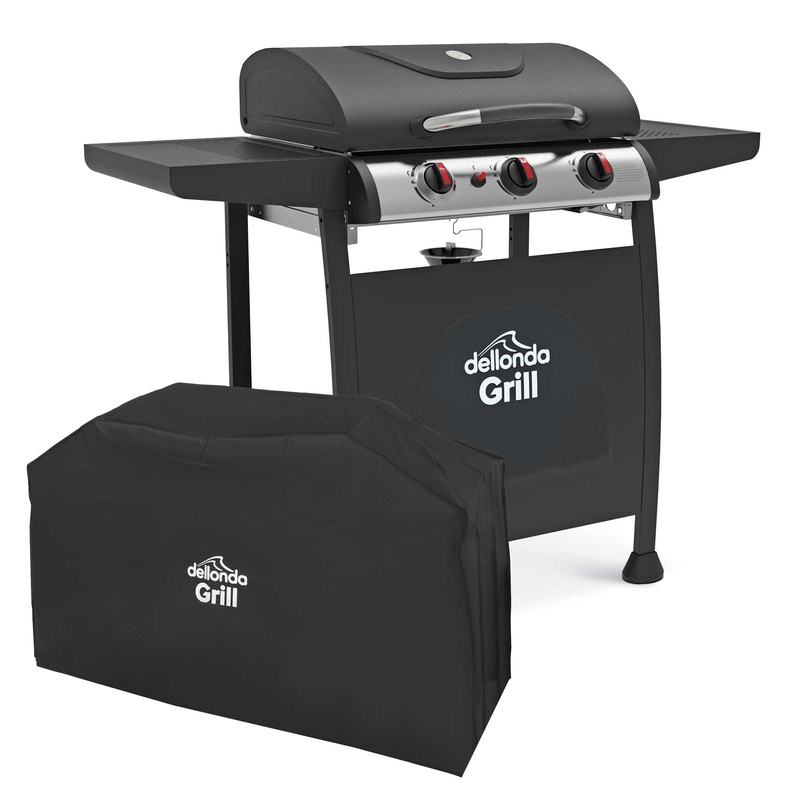 3 Burner Gas BBQ Grill, Piezo Ignition, Built-In Thermometer & Cover, Black/Stainless Steel – DG228