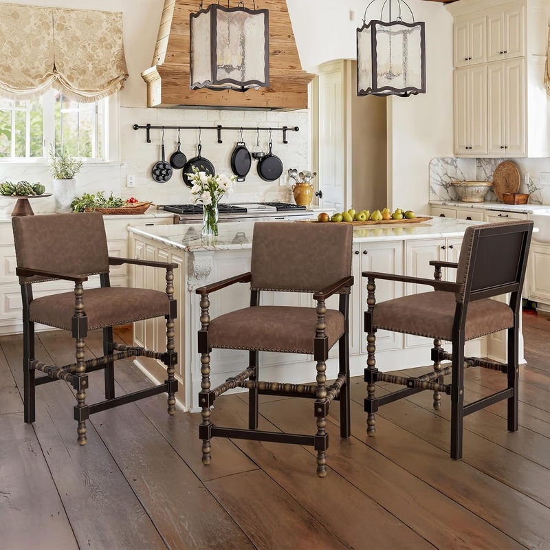 Counter Height Bar Stools Set of 3, 26” French Leather Barstools with Arms and Backrest, Counter Stool with Solid Rubberwood Frame, Upholstered Farmhouse Bar Stools, Brown-Espresso Brown-Espresso 3