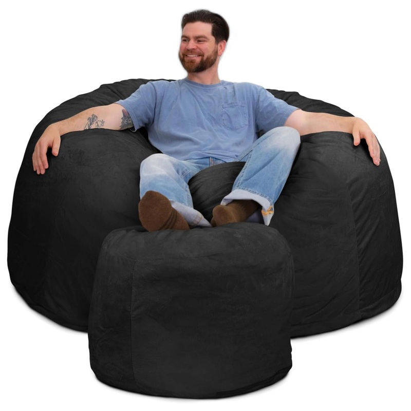 Ultimate Sack 5 Ft Foam Filled Fur Covered Bean Bag Chair w/Footstool, Charcoal