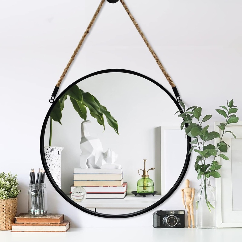 round Hanging Mirror – Wall Mirrors Decorative 20″ Rope Mirror Black Metal Frame Circle Mirror Farmhouse Wall Mounted Mirror for Bathroom, Bedroom, Living Room, Entryway, Home Decor Black 20″L X 20″W