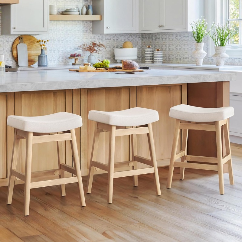 Bar Stools Set of 3, Barstools with Sturdy Wood Legs, Saddle Seat Counter Height Bar Stools for Kitchen Counter, Bar, Dining, 24 Inch Farmhouse Counter Stools, Beige Beige 3