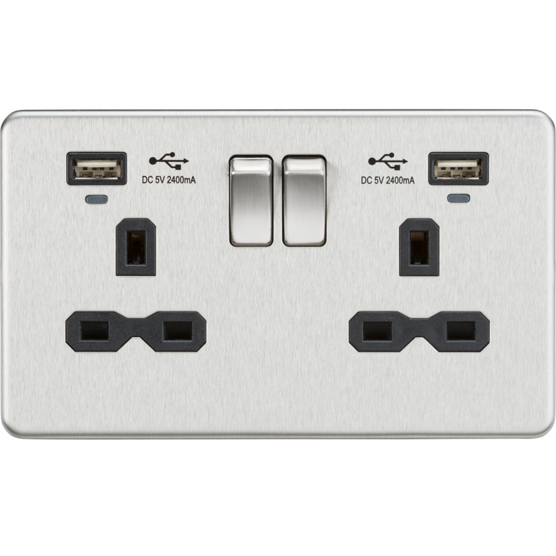 13A 2G Brushed Chrome Switched Sockets, Dual USB (2.4A) with LED Charge Indicators – Black Insert