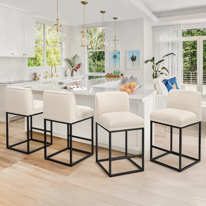 26″ Bar Stools Set of 4, Champagne Chenille Barstools with 5.5″ H Thickened Cushion, Modern Counter Height Bar Stools for Kitchen Island Champagne 4