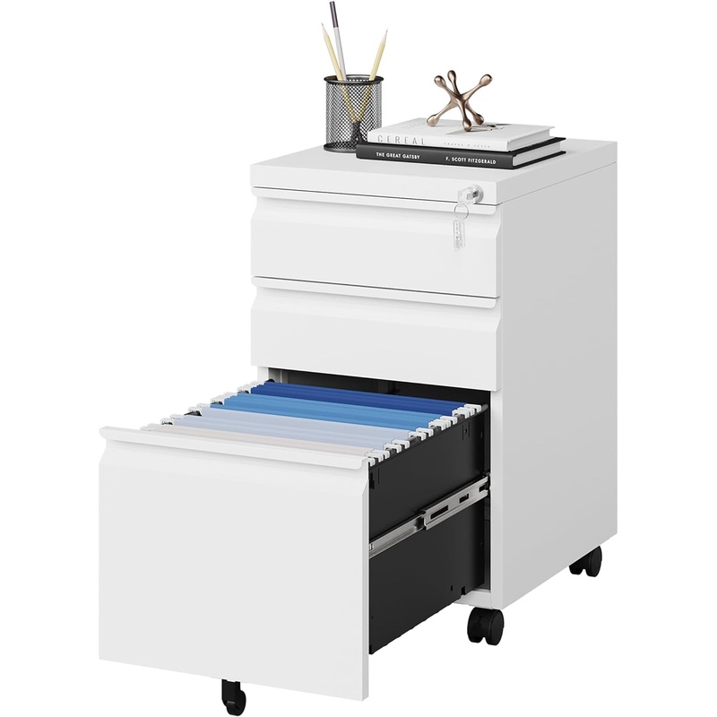 White Filing Cabinet 3 Drawers on Wheels under Desk, Metal Rolling File Cabinet with Lock for Home Office, Small Mobile File Cabinet for Letter Legal File Folders, Un-Assembled White 3 Drawer