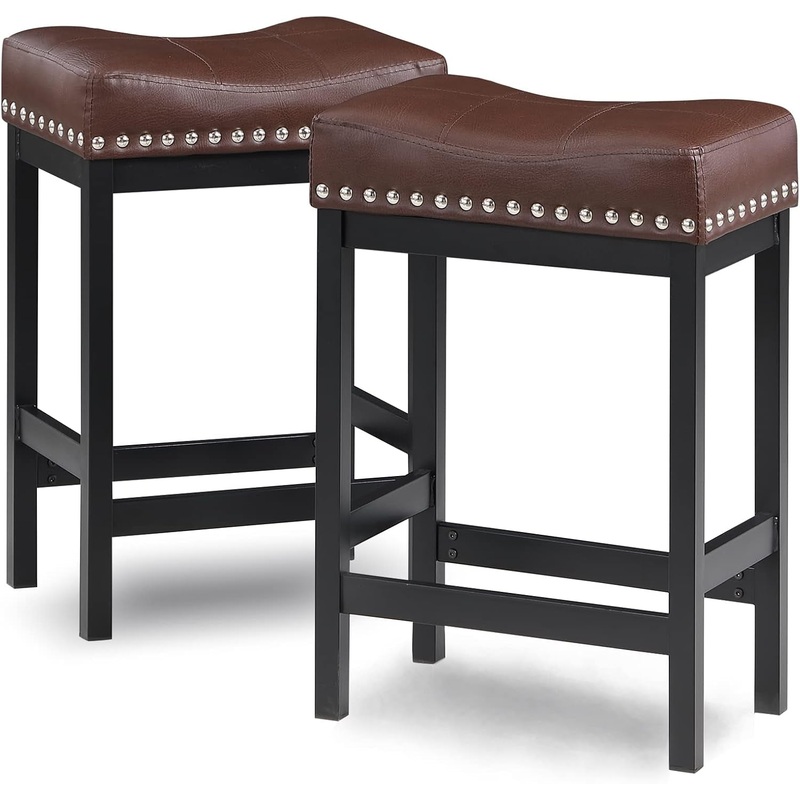 Brown Bar Stools Set of 2, Counter Height Bar Stool, Saddle Barstools, Pu Leather Stools with Metal Frame for Kitchen Island, 918P-BR Pu Brown-Black 25″ Set Of 2