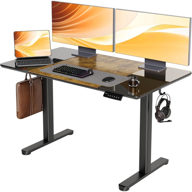 Glass Standing Desk, 48 X 24 Inches Height-Adjustable Desk, Tempered Glass and Wooden Top, Quick Install Home Office Stand up Desk with 4 Presets, Black Glass and Brown Wood Black Glass+Bamboo 48 Inch