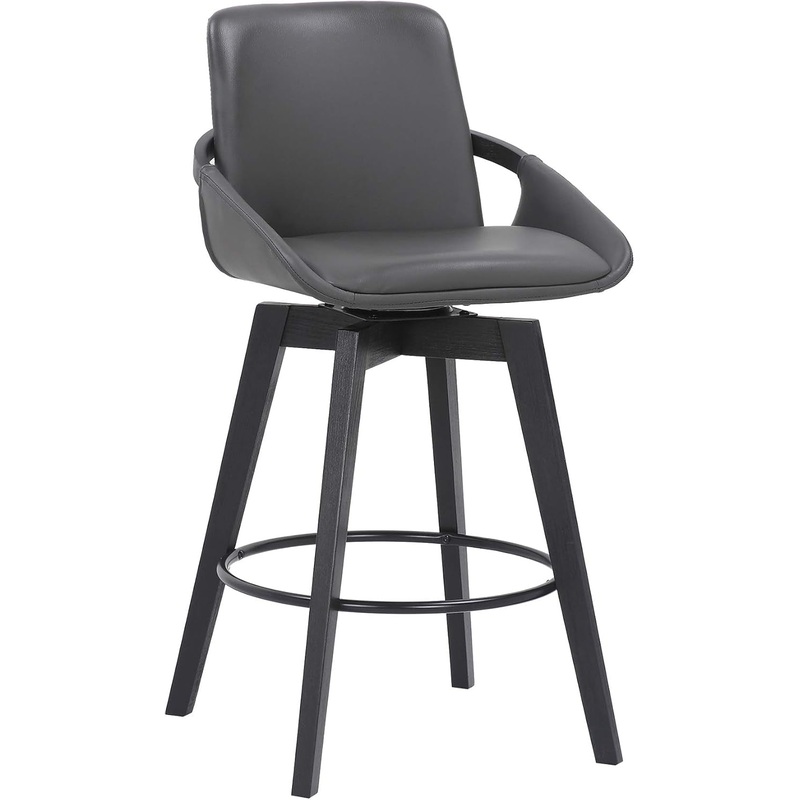 Baylor Mid Century Modern Swivel Bar Stool for Kitchen Island Counter in Gray Faux Leather and Black Wood, 26″ Seat Height Gray And Black Wood Baylor