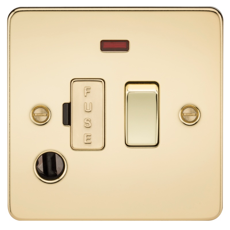 Flat Plate 13A switched fused spur unit with neon and flex outlet – polished brass