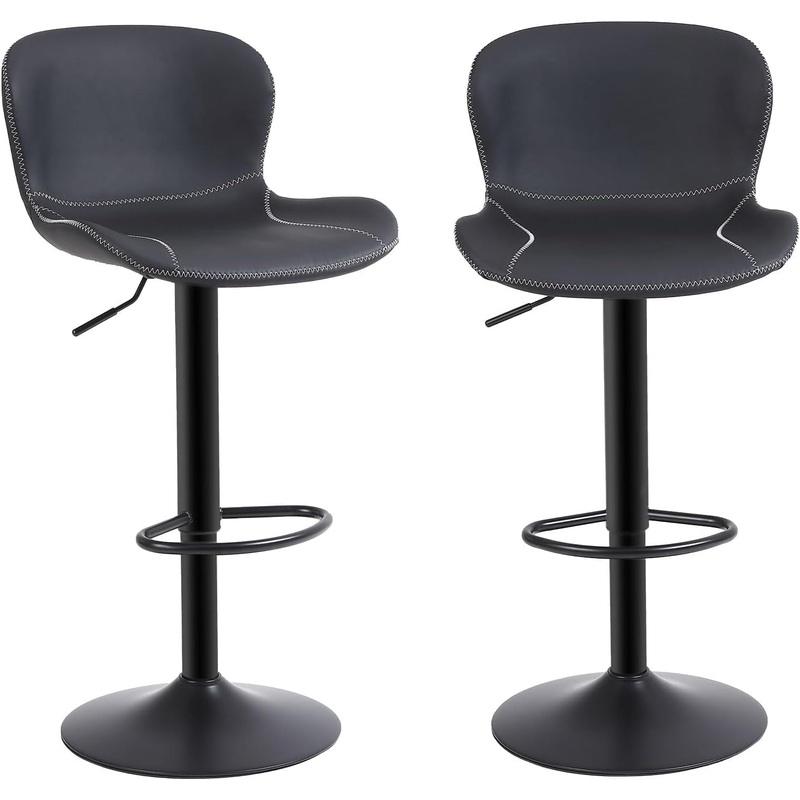 Bar Stools Set of 2, PU Leather Counter Height Barstools with Back, Height Adjustable Swivel Bar Chairs, Modern Armless Kitchen Island Stool, Black Black-New Set Of 2