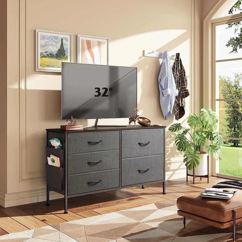 Wide 5-Drawer Dresser with Drawer Organizers, Dark Grey Dark Grey
