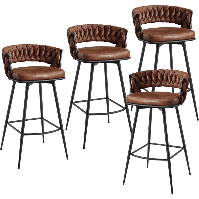 BV Counter Height Bar Stools Set of 4, 26 Inch Seat Height Bar Stools, 180 Swivel Barstools with Woven Back and Footrest, Suede Fabric Counter Stools for Kitchen Island, Bar Pub Brown 4Pcs 26” Counter Height Barstools