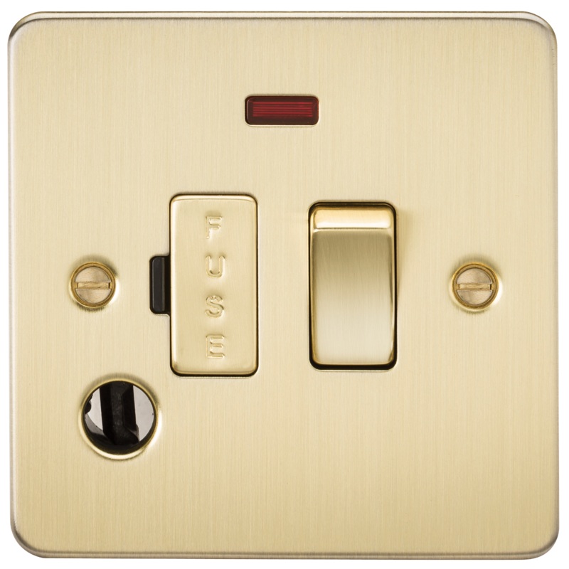 Flat Plate 13A switched fused spur unit with neon and flex outlet – brushed brass