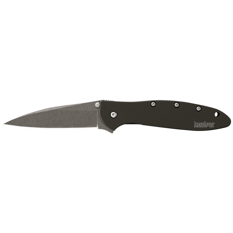 Kershaw 1660SWBLK Leek 3″ Modified Drop Point Plain Stonewashed 14C28N Sandvik Black Anodized Aluminum Handle Folding