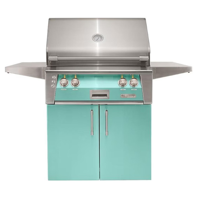 Alfresco 30-Inch Stainless Steel Freestanding Gas Grill w/ Rotisserie in Light Green Propane