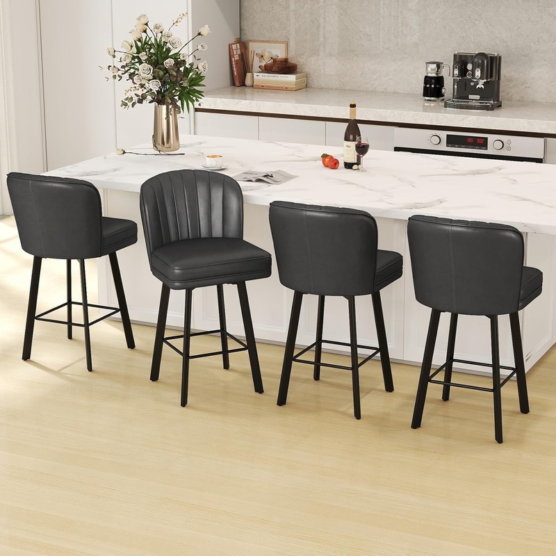 Modern Swivel Counter Height Bar Stools Set of Four Black-Faux Leather 26″ H- Set Of 4