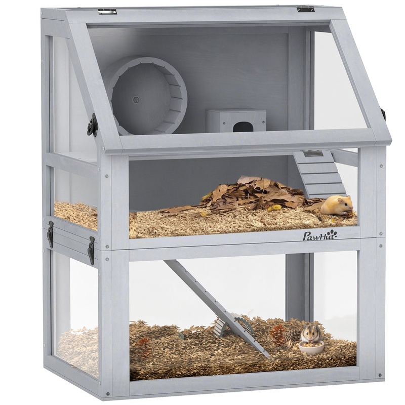 Wooden Hamster Cage, 3 Tier Gerbil Cage with Detachable 32cm Deep Bottom, Hut, Seesaw, Exercise Wheel, Ramps, Light Grey