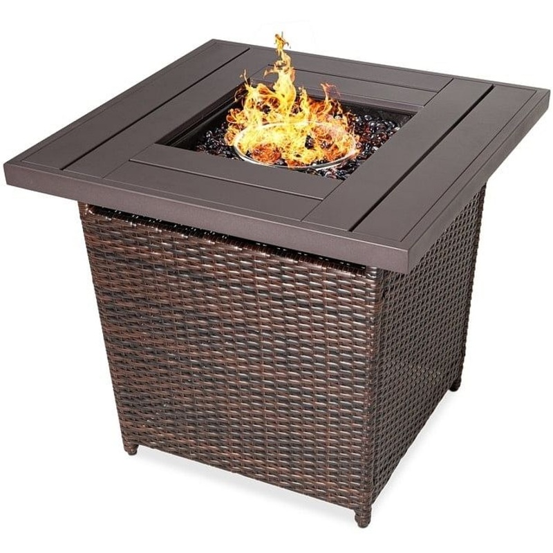 Brown Wicker Gas Fire Pit, Faux Wood Top, Resin Propane Fire Table