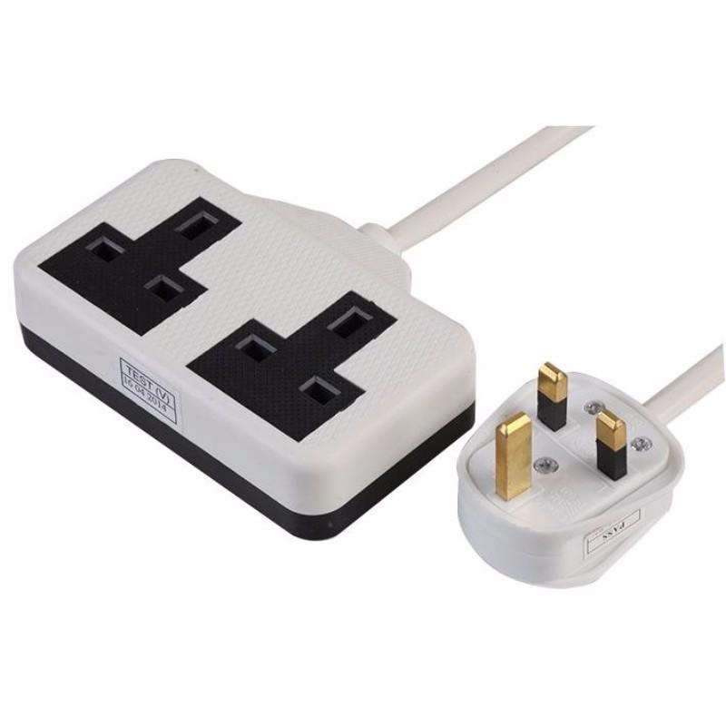 White UK 3 Pin Plug With 2 Gang 2G Socket Extension Cord Cable Lead – 25m