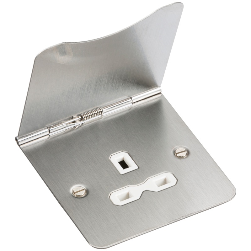 13A 1 Gang UK 3 Pin Unswitched Flat Plate Floor Socket – Brushed Chrome