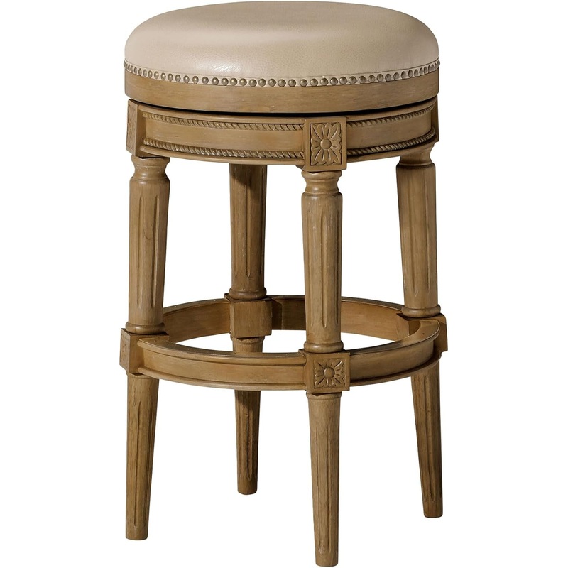 Pullman 31 Inch Tall Bar Height Upholstered Backless Barstool in Weathered Oak Finish with Avanti Brown Vegan Leather Cushion Seat Weathered Oak Bar – 31″ Seat Height