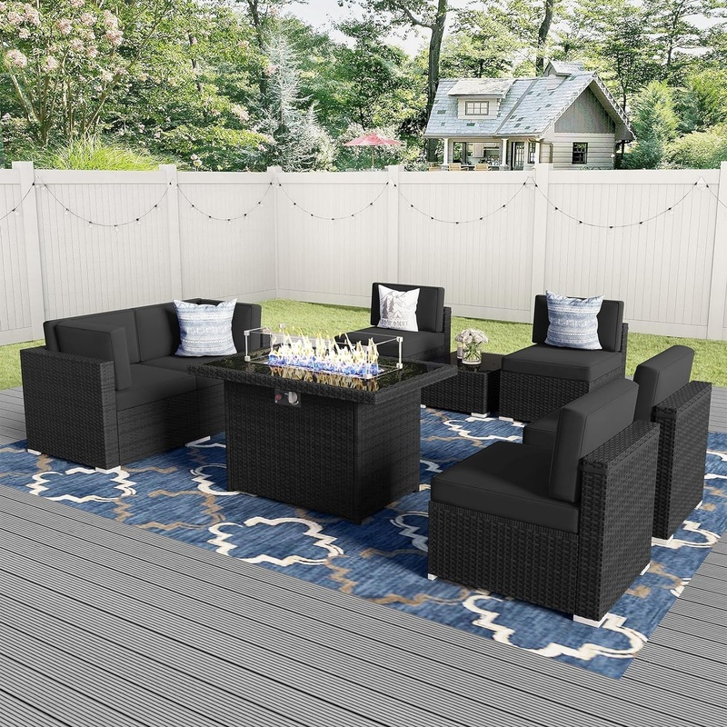 8 Pieces Patio Furniture Set with 44″ Propane Gas Fire Pit Table, Outdoor Sectional Wicker Conversation Sofa Sets with Coffee Table A3/Black-Black 8-Pcs Set W/Fire Pit