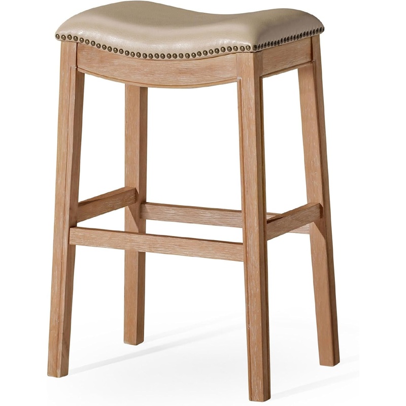 Adrien 31 Inch Bar Height Backless Saddle Barstool in Weathered Oak Finish with Avanti Bone Vegan Leather Cushion Seat Weathered Oak Bar – 31″ Seat Height