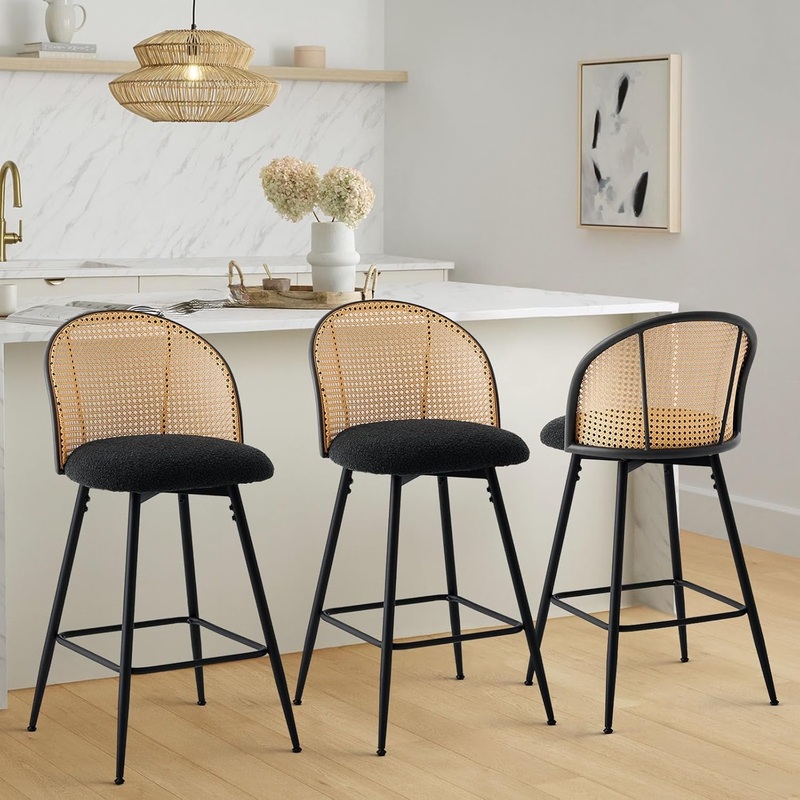 Swivel Counter Height Bar Stools Set of 3, Mid Century Modern 26″ Bar Chairs with Rattan Back & Metal Legs, Upholstered Boucle Fabric Barstools Island Stools for Kitchen Counter Home Bar,Black Black Bocule Fabric 26″ Barstools Set Of 3