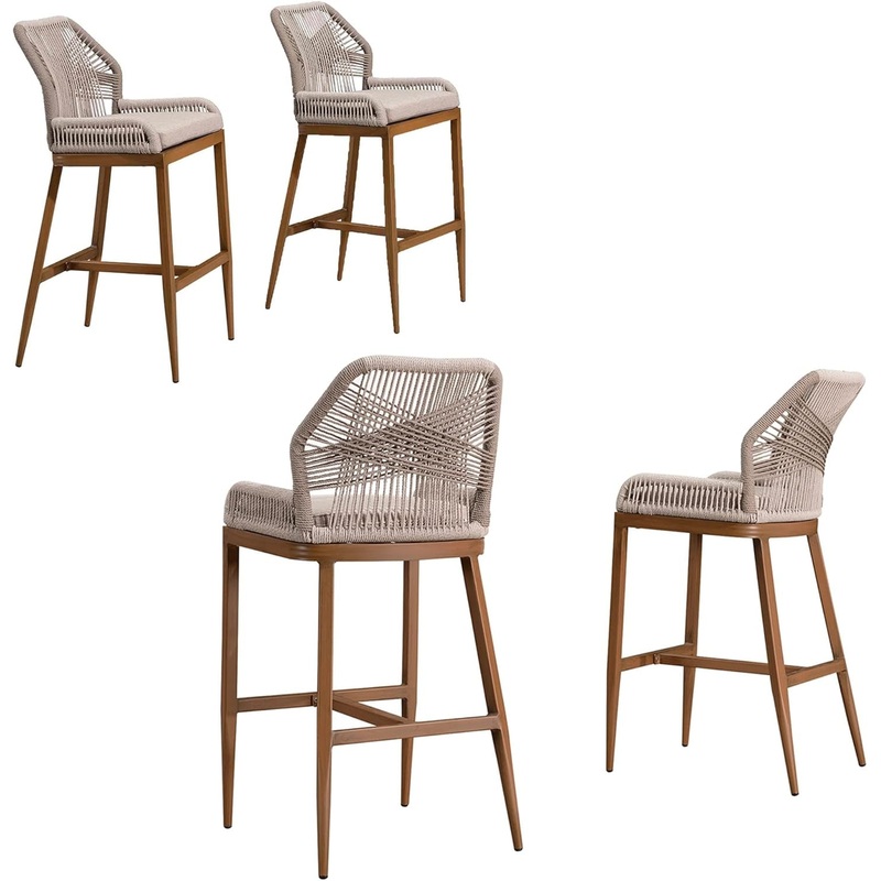 Counter Height Bar Stools Set of 4 Rattan Chair Boho Wicker Metal Counter Stools with Back and Footrest Patio Seating Modern Garden Pool Outdoor Barstools Twill 24.8″ H