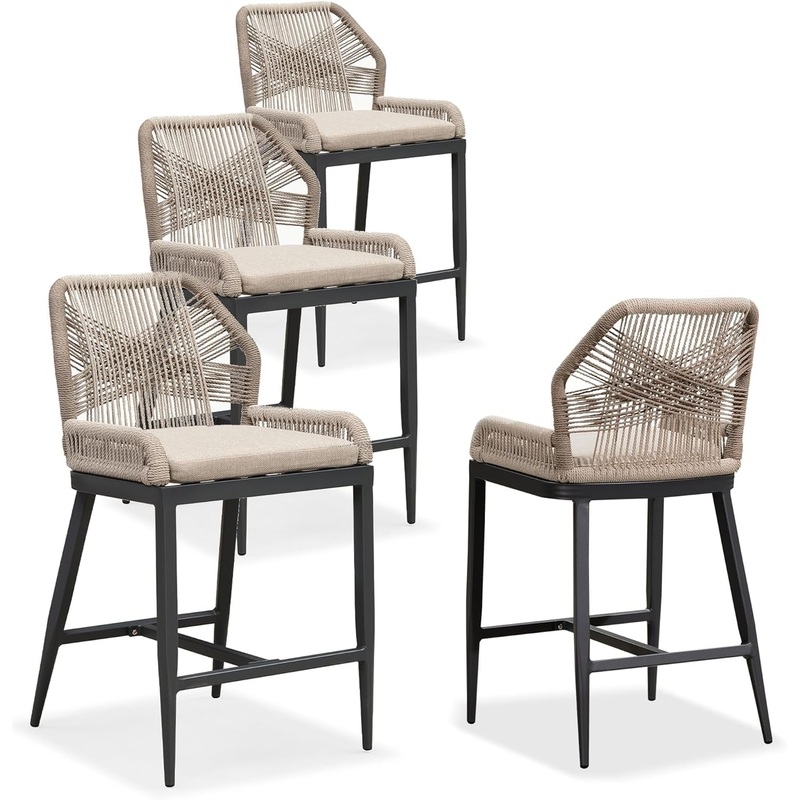 Counter Height Bar Stools Set of 4 Rattan Wicker Outdoor Metal Boho Barstools with Back and Footrest Patio Garden Balcony Pool Bar Chairs Dark Grey-Twill 24.8″ H
