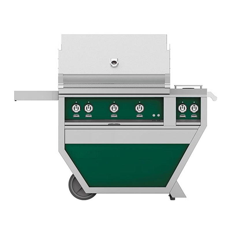 Hestan 36-Inch Natural Gas Freestanding Deluxe Grill with Double Side Burner, 1 Sear – 2 Trellis w/ Rotisserie in Green – GMBR36CX2-NG-GR hestan-36ngfreestandinggrills-master