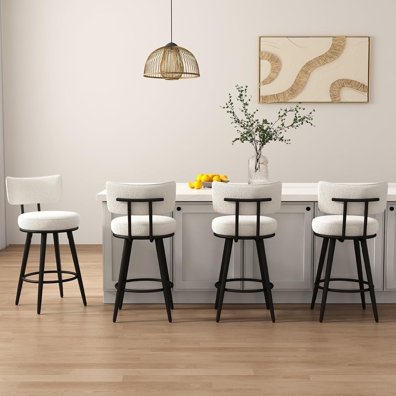 Bar Stools Set of 4, White Counter Height Barstools with Back, Kitchen Stools with Metal Legs and Footrest, Upholstered Pub Bar Chairs Kitchen Island (26″, No Swivel) White Set Of 4