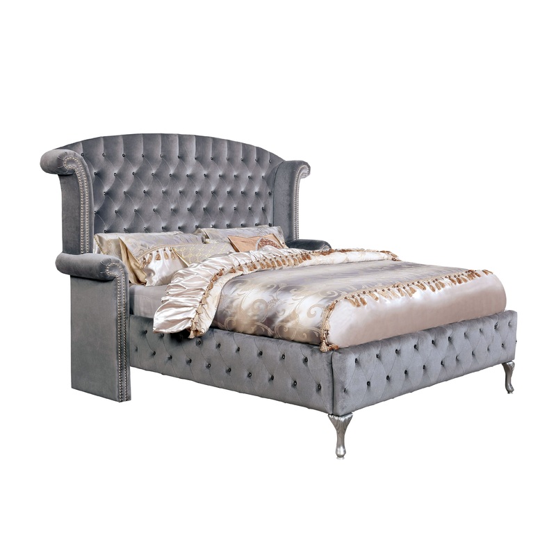 Clerita Transitional Wingback Tufted Eastern King Bed in Gray