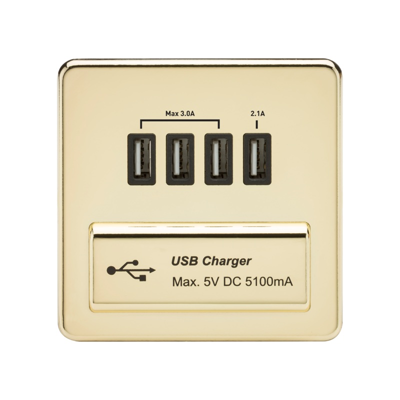 1G Screwless Polished Brass Quad USB 5V Charger Outlet – Black Insert