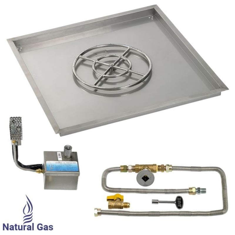 American Fire Glass SS-SQPSIT-36 Square Stainless Steel Drop-In Pan with S.I.T. System 36-Inch, Fire Pit Ring 18-Inch Natural Gas