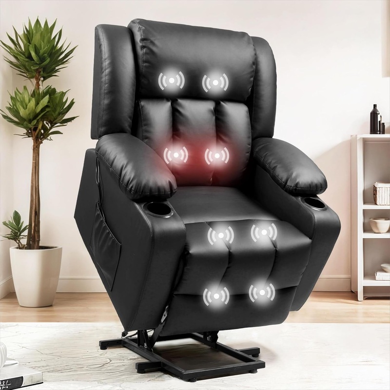 XL31 Power Lift Recliner Chair for Elderly, Oversized Electric Leather Lift Chair with Cup Holders, Side Pockets, Massage Reclining Chair Sofa for Living Room Bedroom (Black) Black Medium