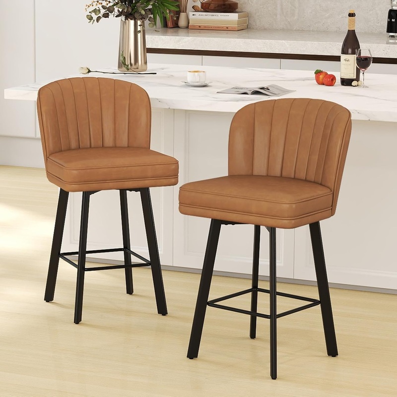 Modern Swivel Counter Height Bar Stools Set of Two Whiskey Brown-Faux Leather 26″ H- Set Of 2