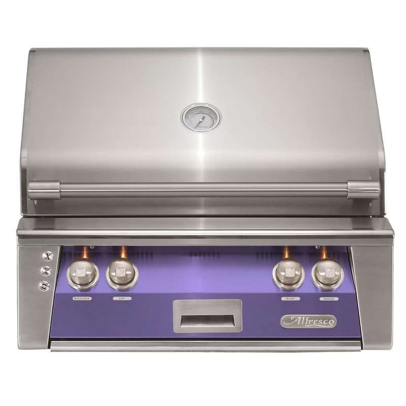 Alfresco 30-Inch Built-in Stainless Steel Gas Grill w/ Rotisserie in Blue Lilac Propane