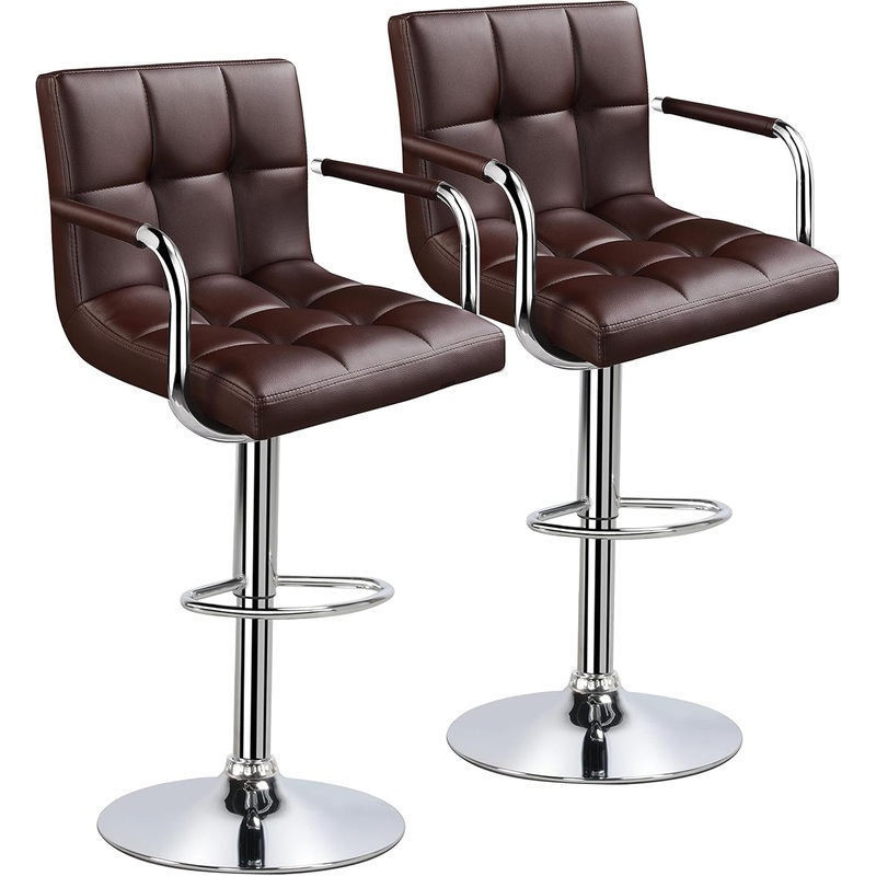 Tall Bar Stools Set of 2 Modern Square PU Leather Adjustable Barstools Counter Height Stools with Arms and Back Bar Chairs 360 Swivel Stool, Brown Brown Set Of 2