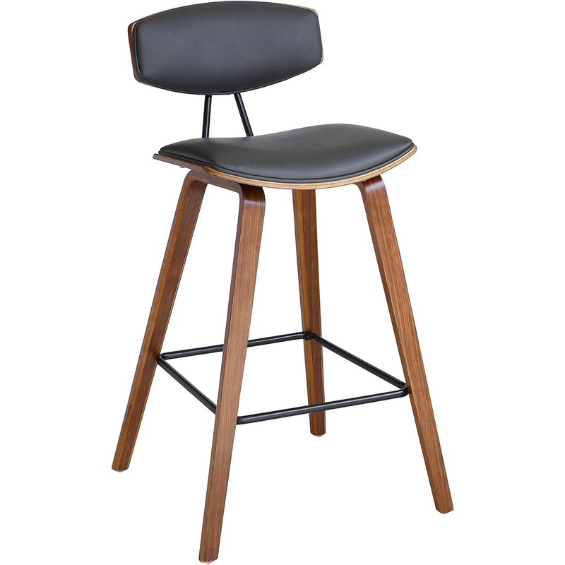 Fox 25.5″ Counter Height Grey Faux Leather and Walnut Wood Mid-Century Modern Bar Stool Gray And Walnut Wood Single 25.5″ Seat Height