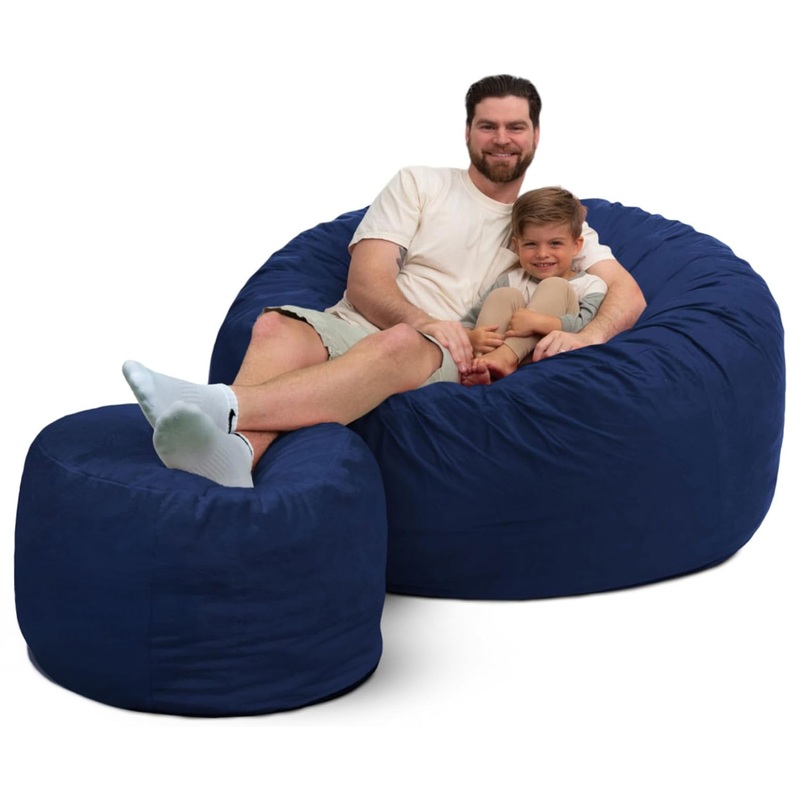 Ultimate Sack 5ft Bean Bag Chair and Footstool, Oversized Lounger, Blue Suede