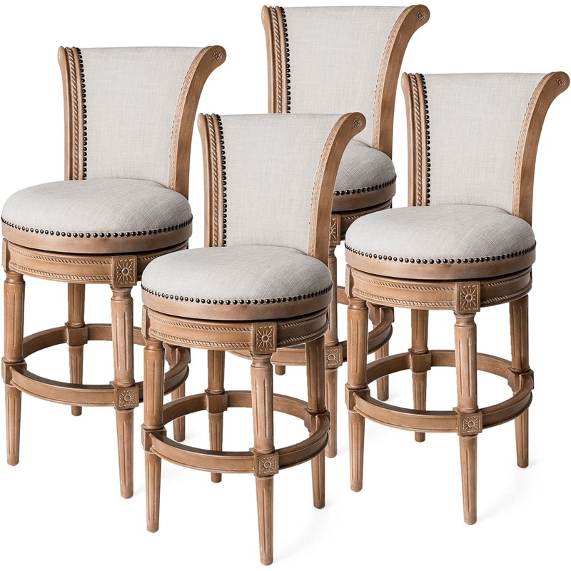 Pullman 31 Inch Tall Bar Height Upholstered Barstool with Back in Weathered Oak Finish with Sand Color Fabric Cushion Seat, Set of 4 Weathered Oak Bar – 31″ Seat Height