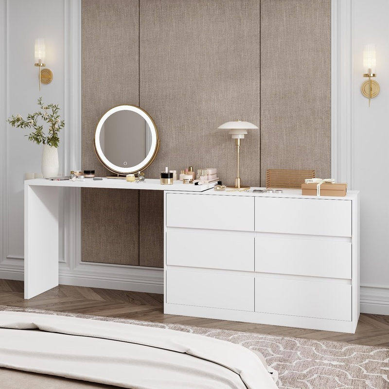 6 Drawer Dresser with Rotatable Tabletop, Modern Chest of Drawers with Extendable Desk (No More than 98″ W), Drawer Organizer for Bedroom Home Office, White Dresser White – 6 Drawers