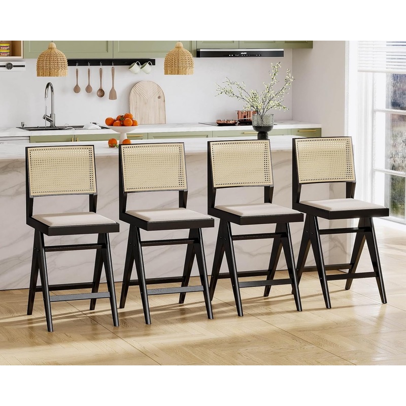 26 Inch Rattan Bar Stools Set of Four Beige Linen Black Finish 4Pcs