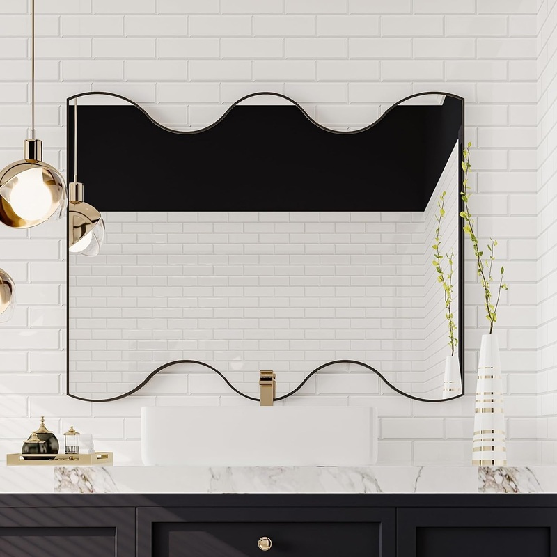 30X35 Inch Irregular Black Metal Framed Bathroom Mirror with Wavy Sides for Wall Decor in Bathroom, Living Room, and Bedroom Black 29.52″*1.18″*35.43″