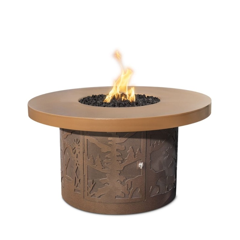 46″ Outback Cattle Ranch GFRC Metallic/Rustic Top and Powdered Steel Base Round Natural Gas Fire Table – 110V Electronic – The Outdoor Plus Metallic Bronze Black